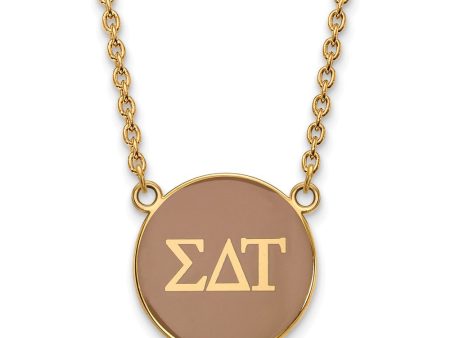 14K Plated Silver Sigma Delta Tau Large Tan Enamel Disc Necklace Supply