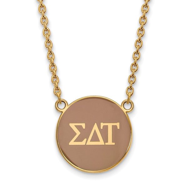 14K Plated Silver Sigma Delta Tau Large Tan Enamel Disc Necklace Supply