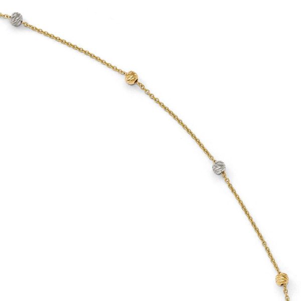 14k Two Tone Gold Polished Cable and D C Bead Anklet, 9-10 Inch For Discount