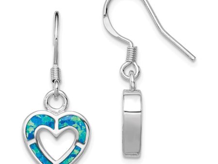 10mm Blue Inlay Created Opal Heart Dangle Earrings in Sterling Silver For Cheap