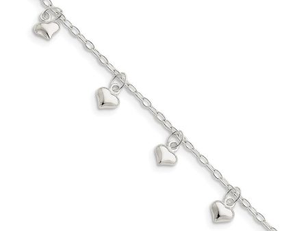 Sterling Silver 2mm Cable Chain And 6mm Puffed Hearts Anklet, 10 Inch Online Sale