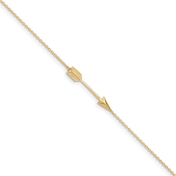 14k Yellow Gold Polished Arrow And 1mm Cable Chain Anklet, 9-10 Inch For Sale