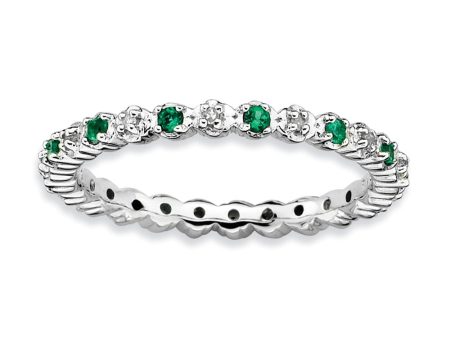 2.25mm Stackable Created Emerald & .04 Ctw HI I3 Diamond Silver Band For Sale