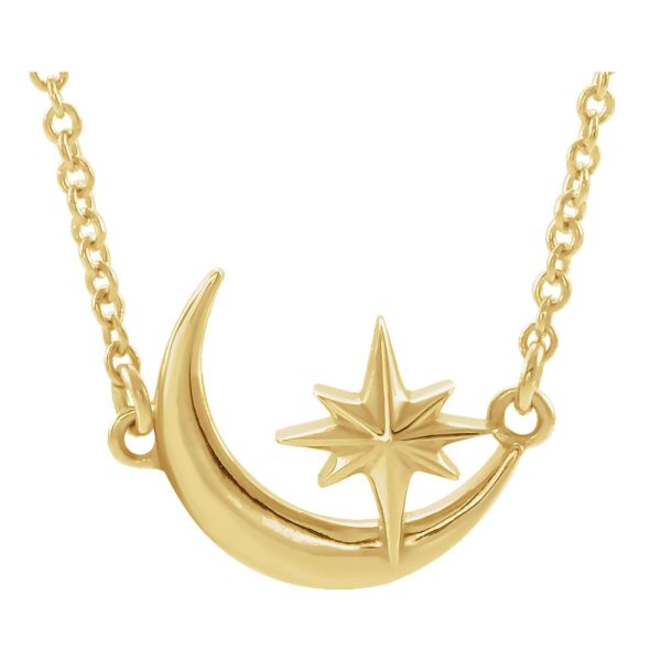 14K Yellow, White or Rose Gold Crescent Moon & Star Necklace, 16-18 In Online Hot Sale