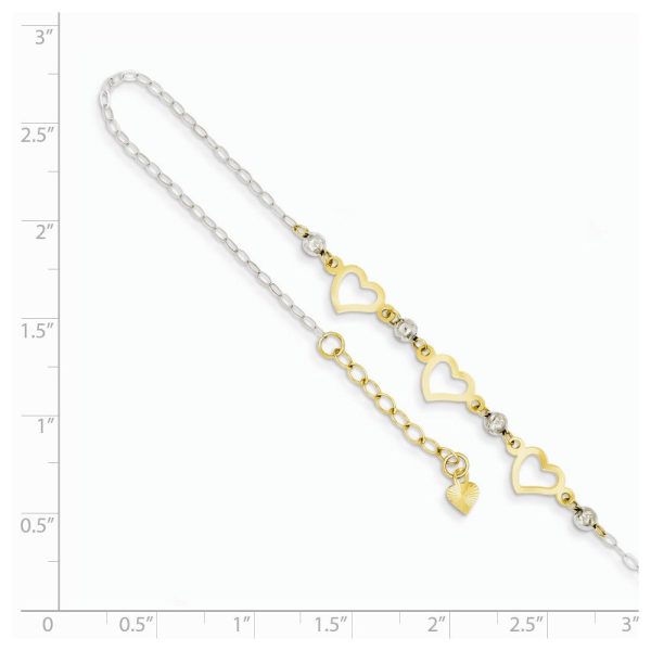 14k Two-Tone Gold Triple Heart and Bead Adjustable Anklet, 9 Inch Discount