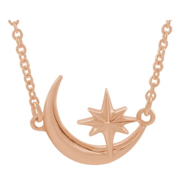 14K Yellow, White or Rose Gold Crescent Moon & Star Necklace, 16-18 In Online Hot Sale