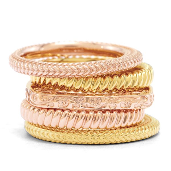 14K Yellow & Rose Gold Plated Sterling Silver Band Stackable Ring Set Hot on Sale