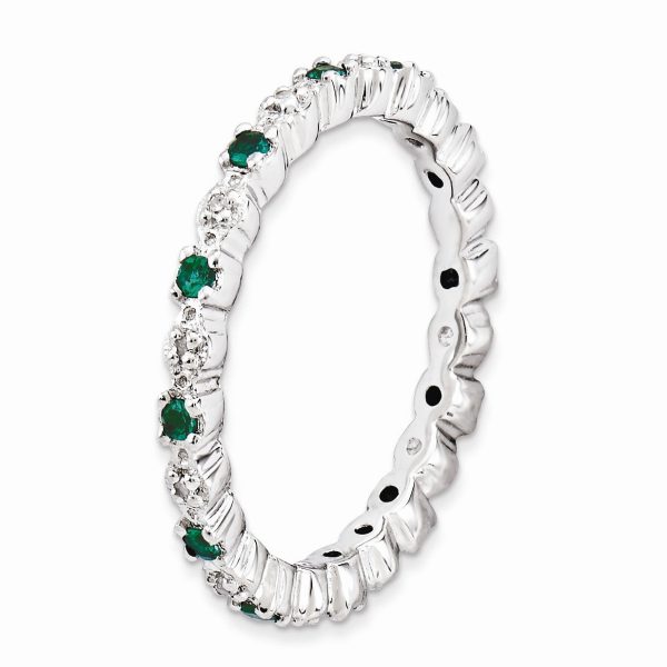 2.25mm Stackable Created Emerald & .04 Ctw HI I3 Diamond Silver Band For Sale