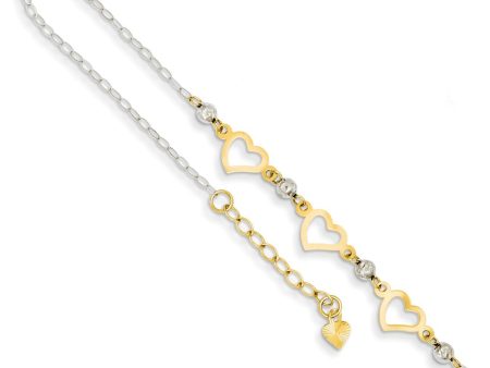 14k Two-Tone Gold Triple Heart and Bead Adjustable Anklet, 9 Inch Discount