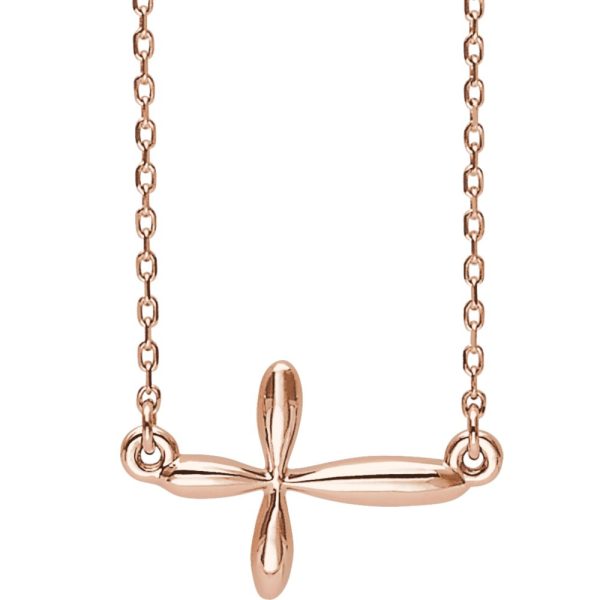 14k Yellow, White or Rose Gold Sideways Rounded Cross Necklace, Adj. Supply