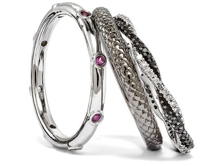 Two Tone Sterling Silver, Rhod. Garnet & Diamond Stackable Ring Set Discount