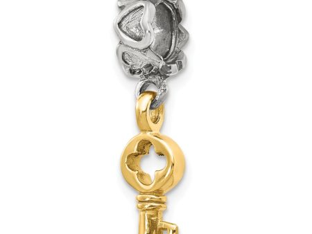 Sterling Silver and 14k Yellow Gold Dangle Key Bead Charm For Discount