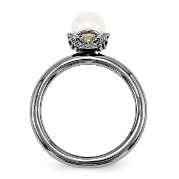 White FW Cultured Pearl & Black-plated Sterling Silver Stack Ring For Sale