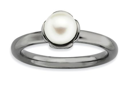 White FW Cultured Pearl & Black-plated Sterling Silver Stack Ring For Sale