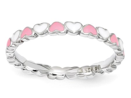 2.5mm Sterling Silver Stackable Pink & White Enamel Heart Band Online