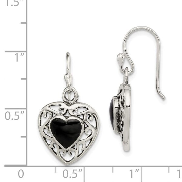 14mm Black Onyx Heart Dangle Earrings in Antiqued Sterling Silver Hot on Sale