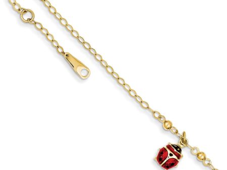 14k Yellow Gold Enameled Ladybug Anklet, 9-10 Inch For Cheap