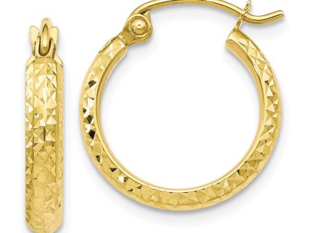 10k Yellow Gold 3mm Half Round Diamond Cut Hoop Earrings, 14mm Discount