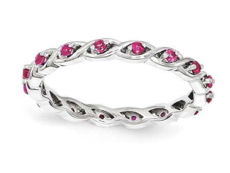 2.5mm Rhodium Plated Sterling Silver Stackable Created Ruby Twist Band Fashion