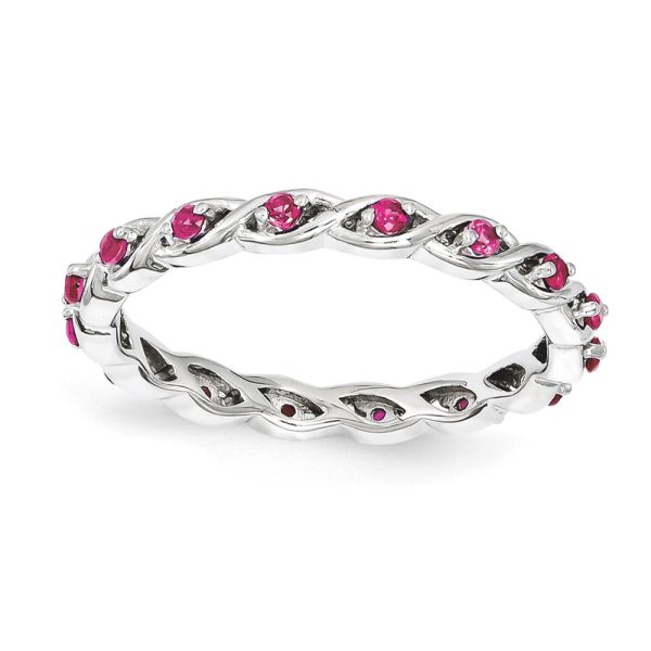 2.5mm Rhodium Plated Sterling Silver Stackable Created Ruby Twist Band Fashion