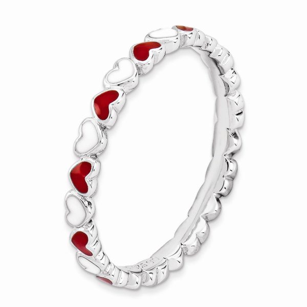 2.5mm Sterling Silver Stackable Red & White Enamel Heart Band Supply