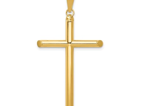 14k Yellow Gold Large 3mm Hollow Tube Cross Pendant For Cheap