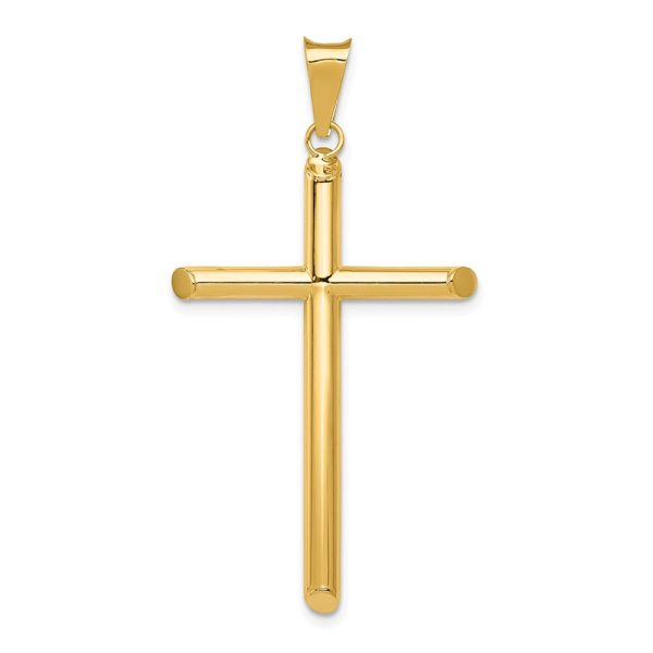 14k Yellow Gold Large 3mm Hollow Tube Cross Pendant For Cheap