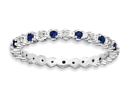 2.25mm Stackable Created Sapphire & .04 Ctw HI I3 Diamond Silver Band Cheap