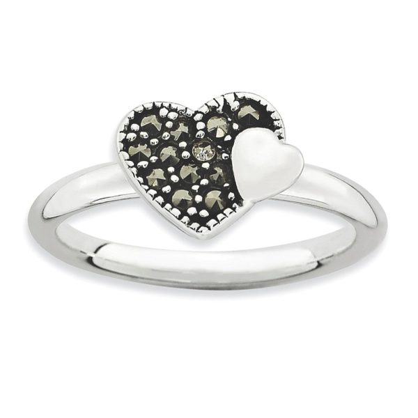 2.25mm Sterling Silver Stackable Marcasite Heart Ring Hot on Sale