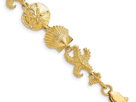 14k Yellow Gold Seashell and Starfish Theme Bracelet - 7.25 Inch Hot on Sale