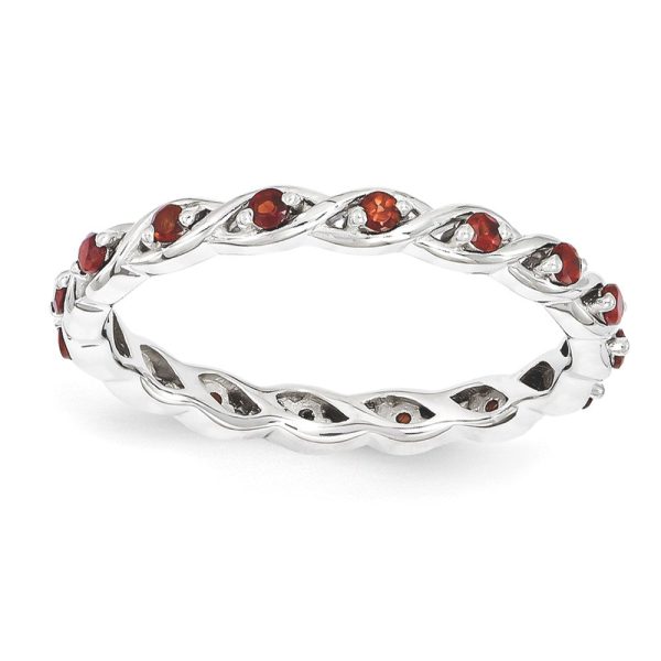 2.5mm Rhodium Plated Sterling Silver Stackable Garnet Twist Band Fashion