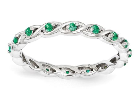 2.5mm Rhodium Sterling Silver Stackable Created Emerald Twist Band Fashion