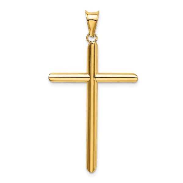 14k Yellow Gold Large 3mm Hollow Tube Cross Pendant For Cheap