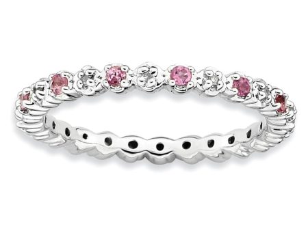 2.25mm Stackable Pink Tourmaline & .04Ctw HI I3 Diamond Silver Band Online Sale