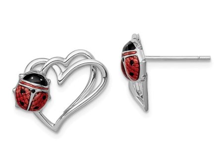 15mm Heart and Enameled Ladybug Post Earrings in Sterling Silver Hot on Sale