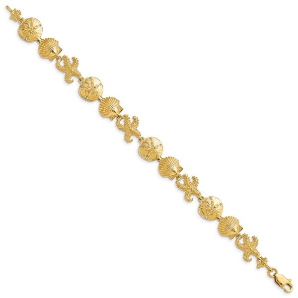 14k Yellow Gold Seashell and Starfish Theme Bracelet - 7.25 Inch Hot on Sale