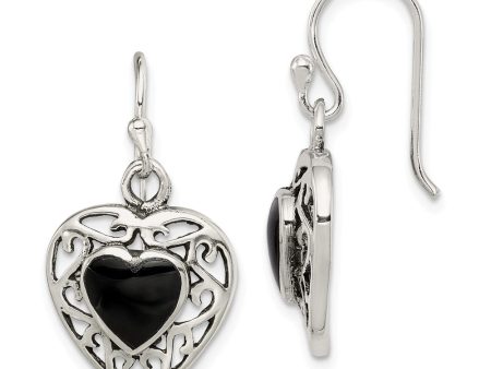 14mm Black Onyx Heart Dangle Earrings in Antiqued Sterling Silver Hot on Sale