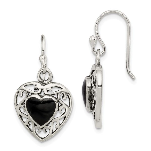 14mm Black Onyx Heart Dangle Earrings in Antiqued Sterling Silver Hot on Sale