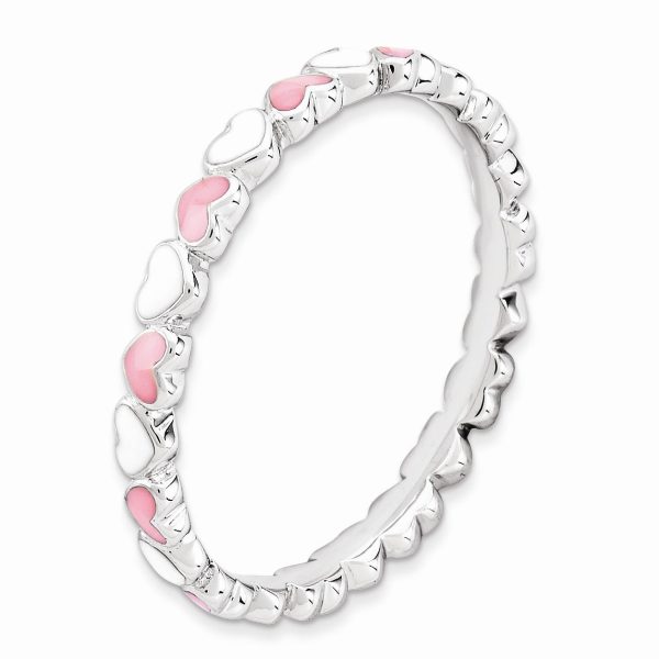 2.5mm Sterling Silver Stackable Pink & White Enamel Heart Band Online